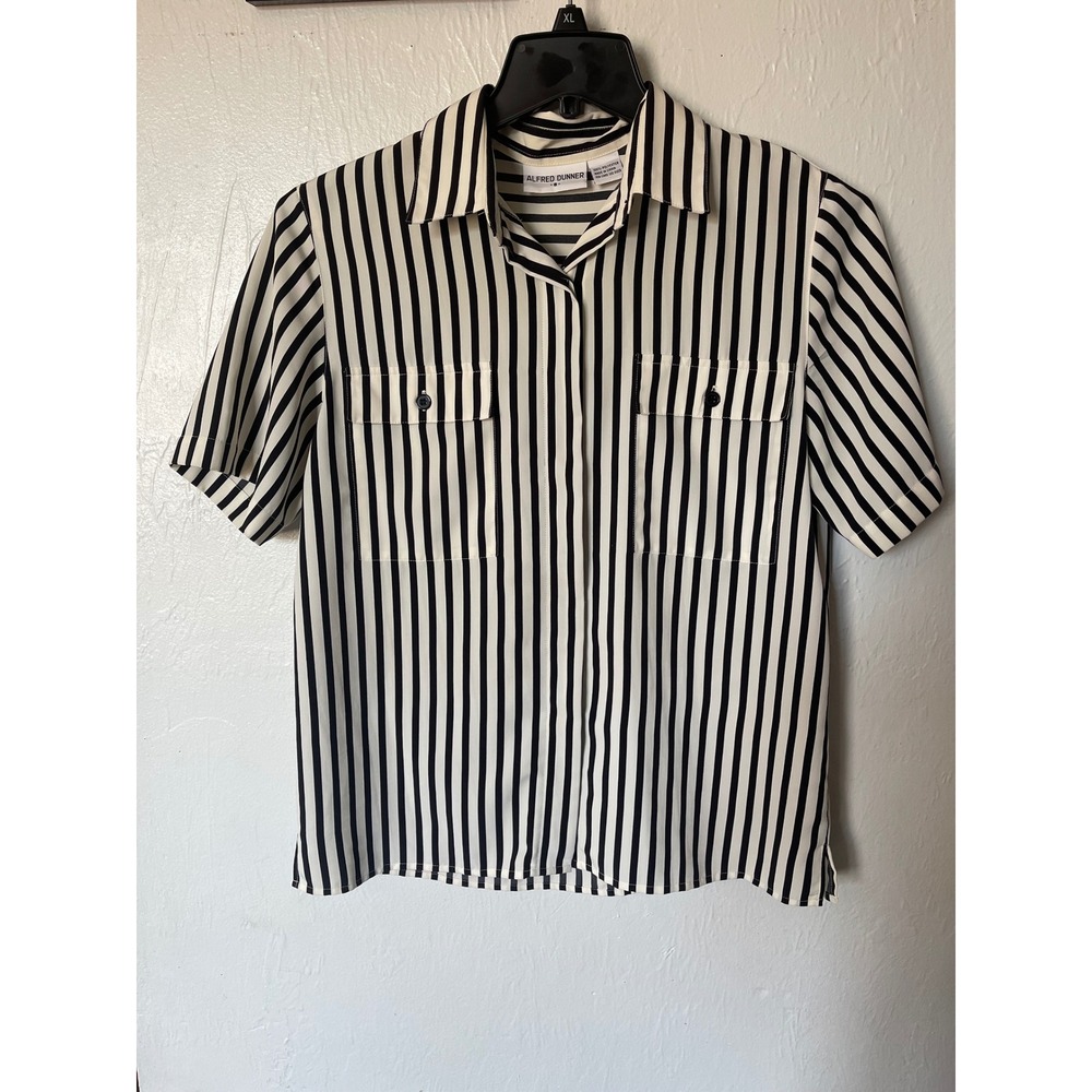 Alfred Dunner Womens XL Black White Striped Short‎ Sleeve Button Up Blouse Top